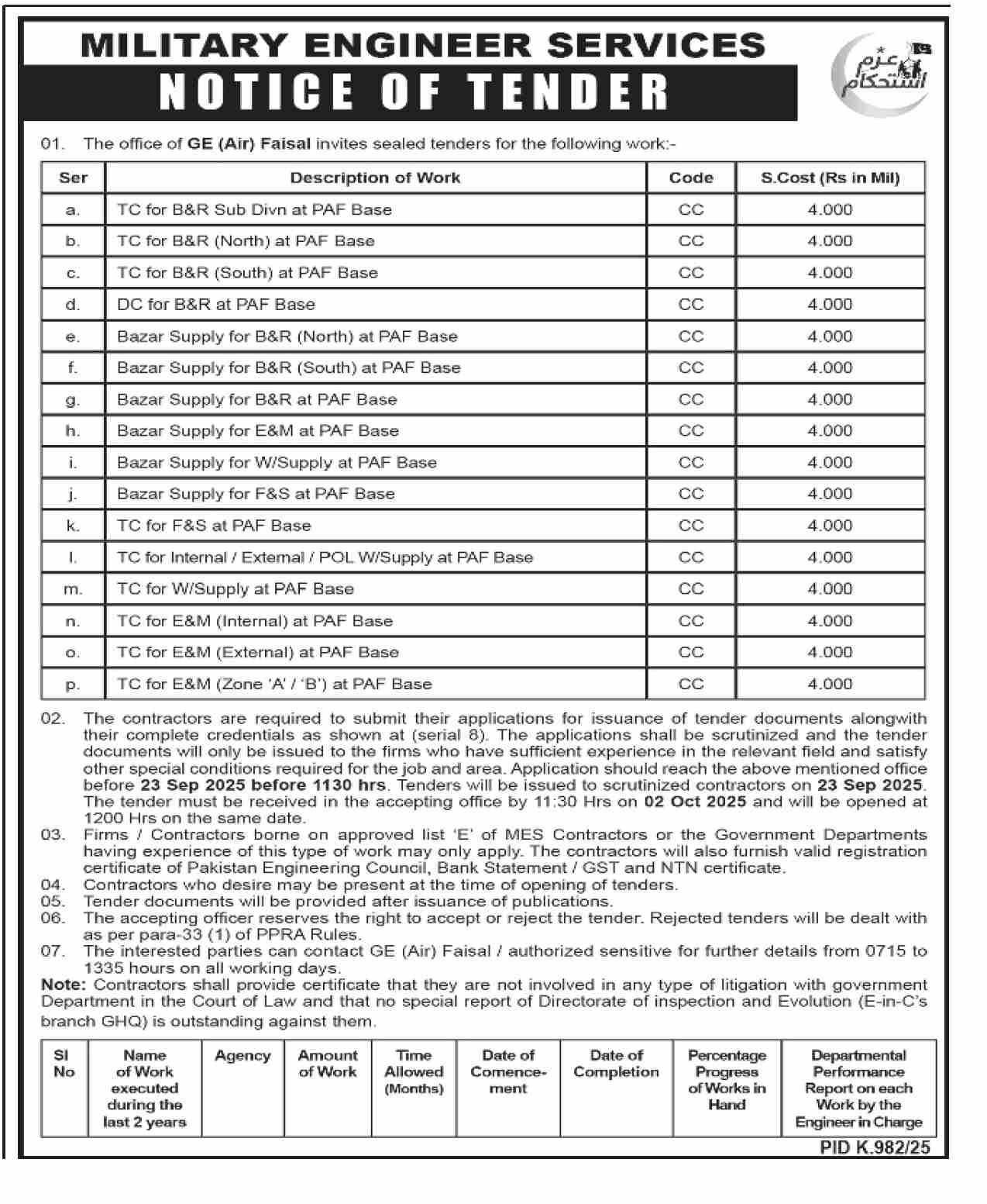 Military Engineering Service Tender Notice